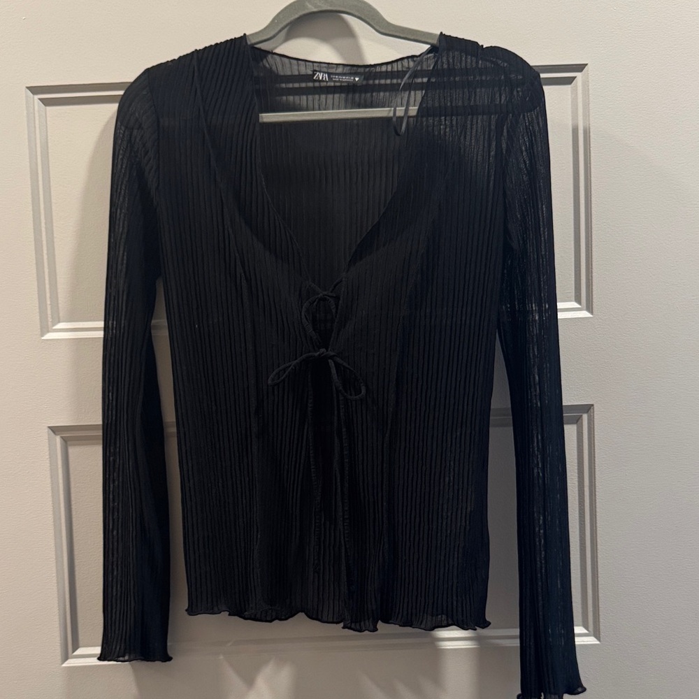 Zara Black Sheer Pleated Tie-Front Long Sleeve Blouse